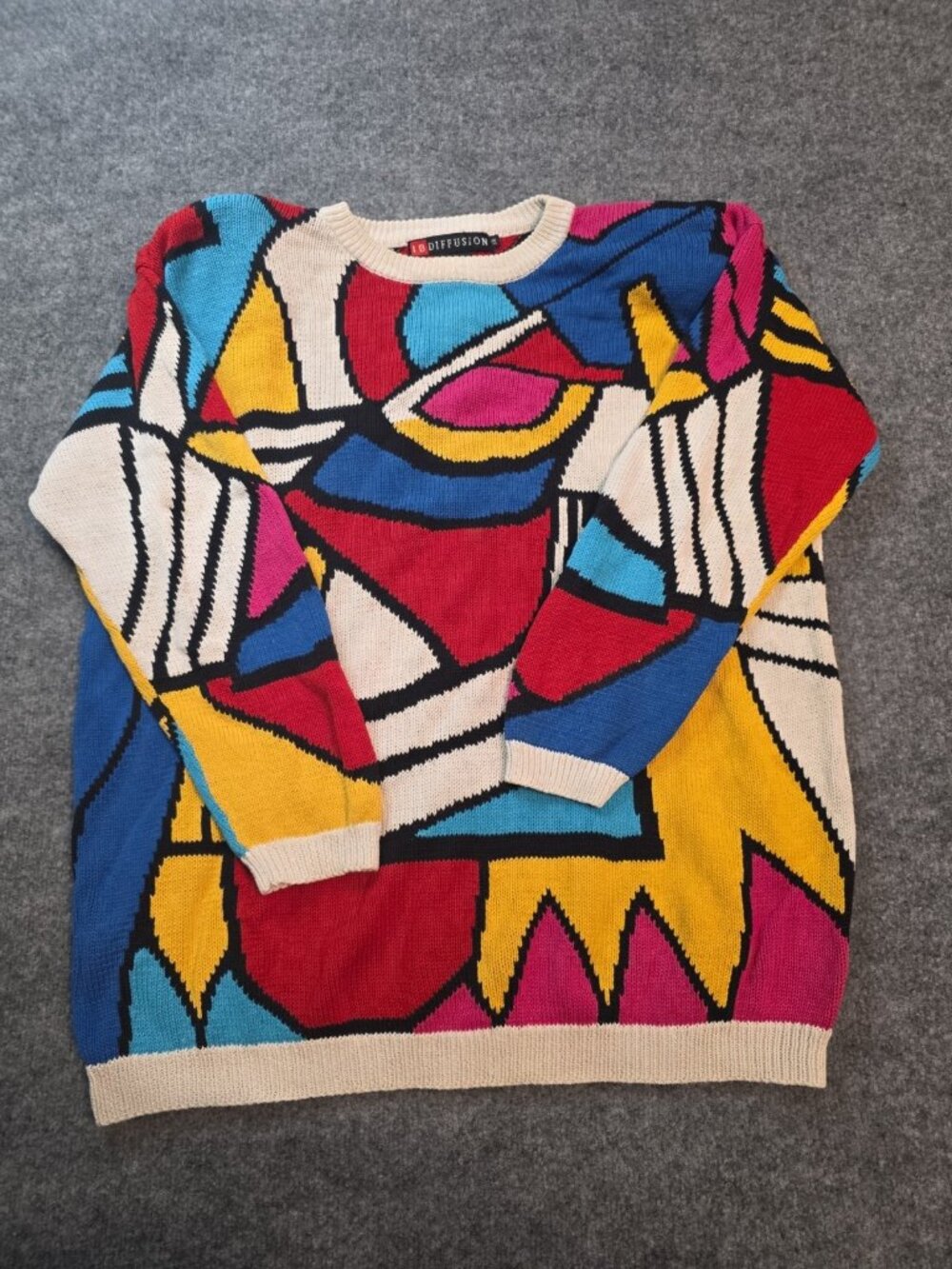I.B. Diffusion Abstract Vintage 80s 90s Bright Multicolor White Knit Sweater 2X
